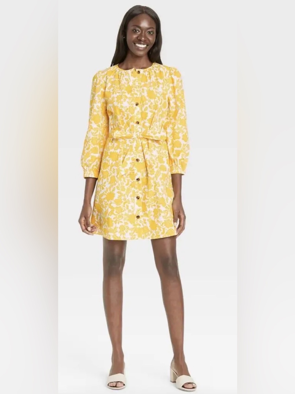 Who What Wear Floral Button Front Mini Sunflower Yellow Dress Medium
